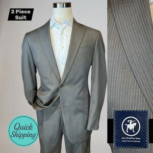 Hart Schaffner Marx 42L 36x30 Taupe Gray Ice Blue Micro-Stripe Quality Suit